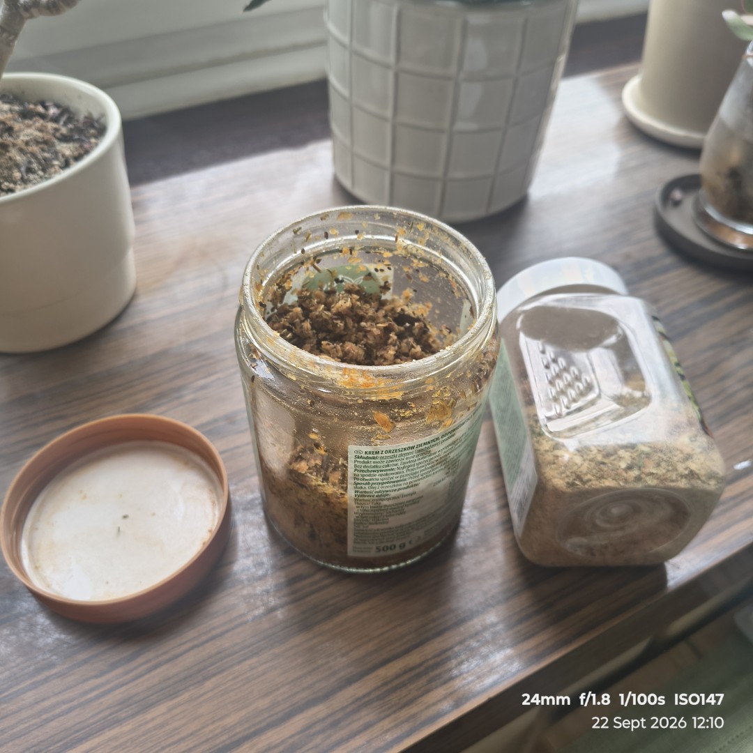 real jao — mixed paste in a reused peanut-butter jar, kitchen scene, 22 sept 2026